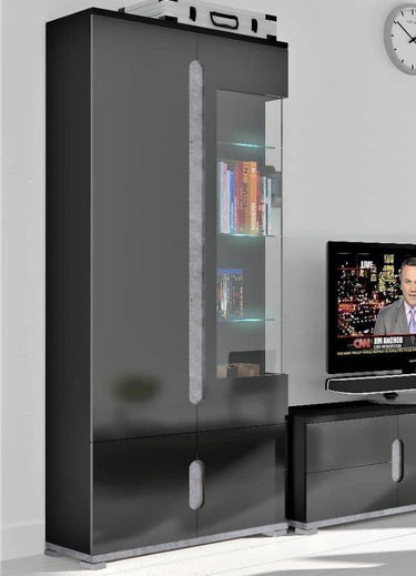 Elise Black High Gloss and Grey 1 Glass Door Display Cabinet with LED Lighting - UK Luxury Furniture